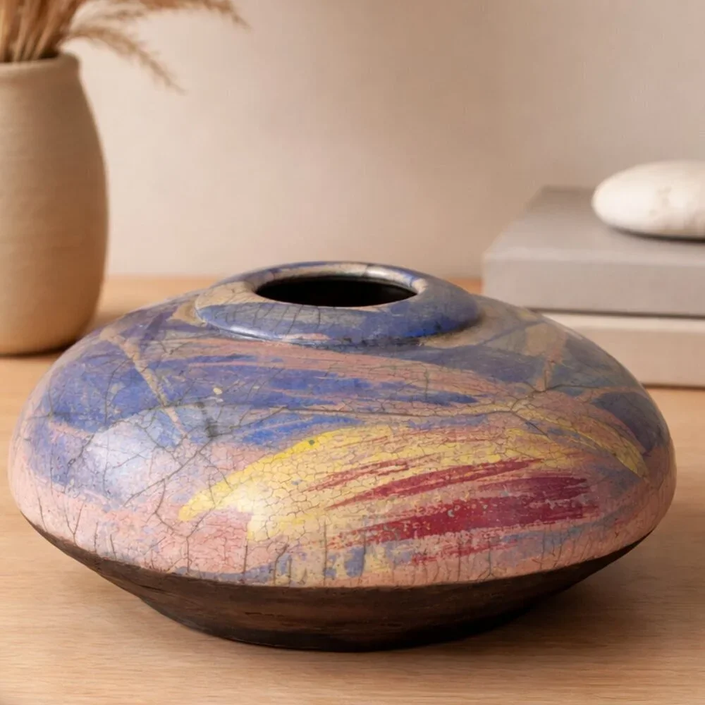 Handmade Raku Pottery Space Vessel Signed Ramons 1993 Abstract Studio Art Vase